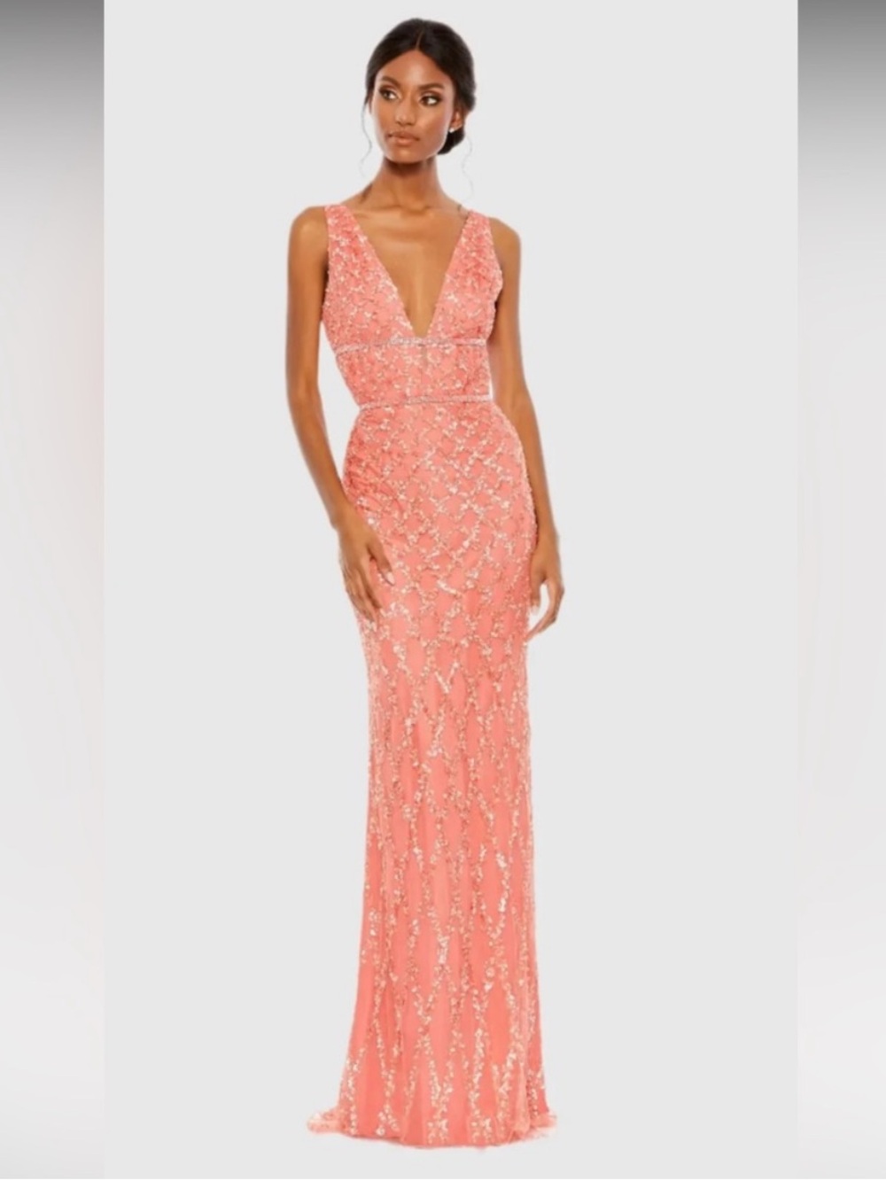Mac Duggal Coral Lattice Sequin Plunge Neck Sleeveless Gown